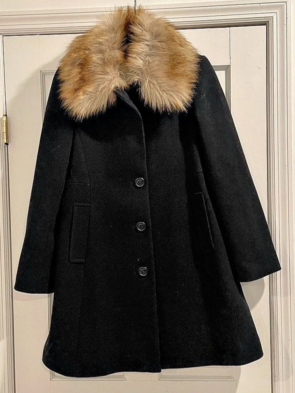 Kate Spade Black Fur Collar Coat With Back Bow Detail Size Medium